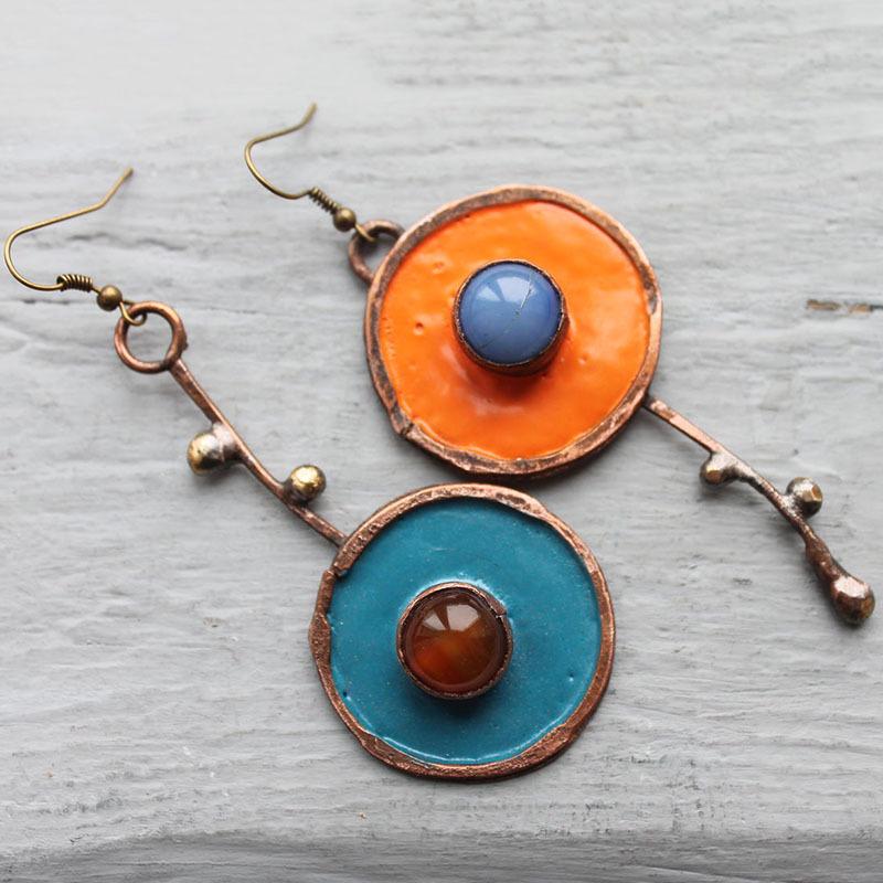 Asymmetrical Graffiti Antique Copper Earrings with Diamond Inlay - European & American Artisan Design