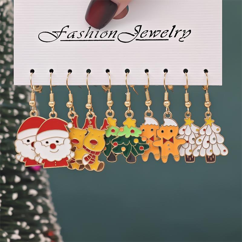 

5 Pairs Christmas Earring Set For Women Cartoon Dripping Oil Santa Claus Snowflake Xmas Tree Elk Earrings New Year Party Jewelry