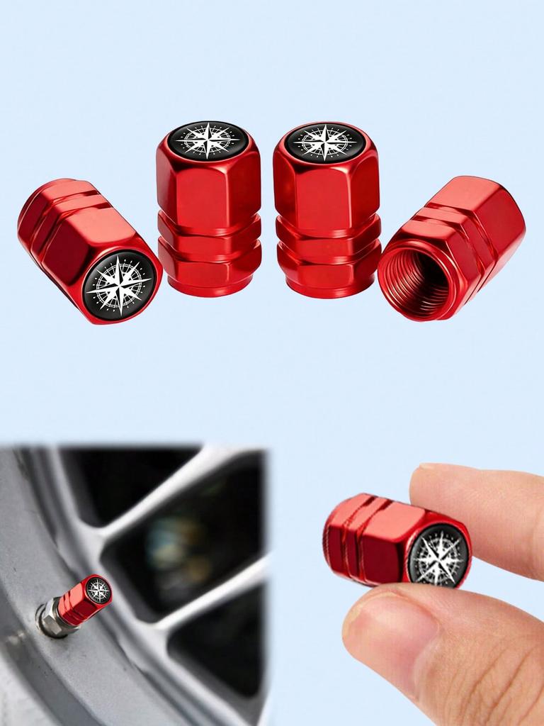 4Pcs Compass Aluminum Alloy Valve Caps, Hex Leak-Proof Tire Valve Covers, Stylish Wheel Hub Accessories