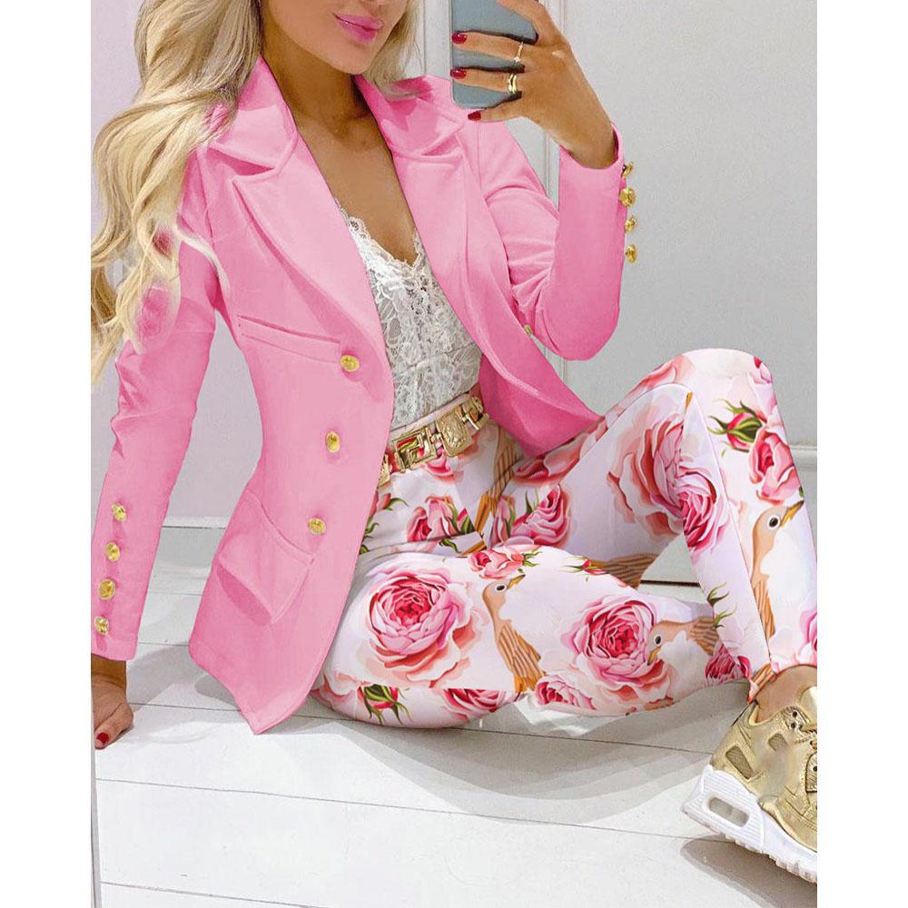 Spring Autumn Fahsion Blazers Pant Sets Casual Long Sleeve Print Coat And Pencil Pant Two Piece Set Office Elegant Suits Women