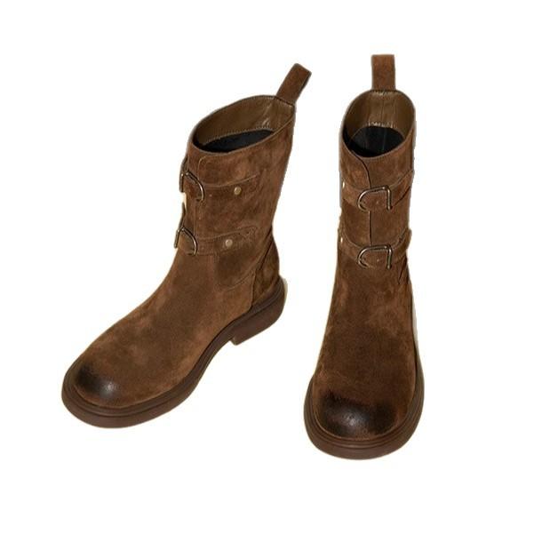 Leather Version~ Retro Polished Belt Buckle Western Cowboy Boots Slim Short Boots Women's Maillard Martin Boots Locomotive Boots