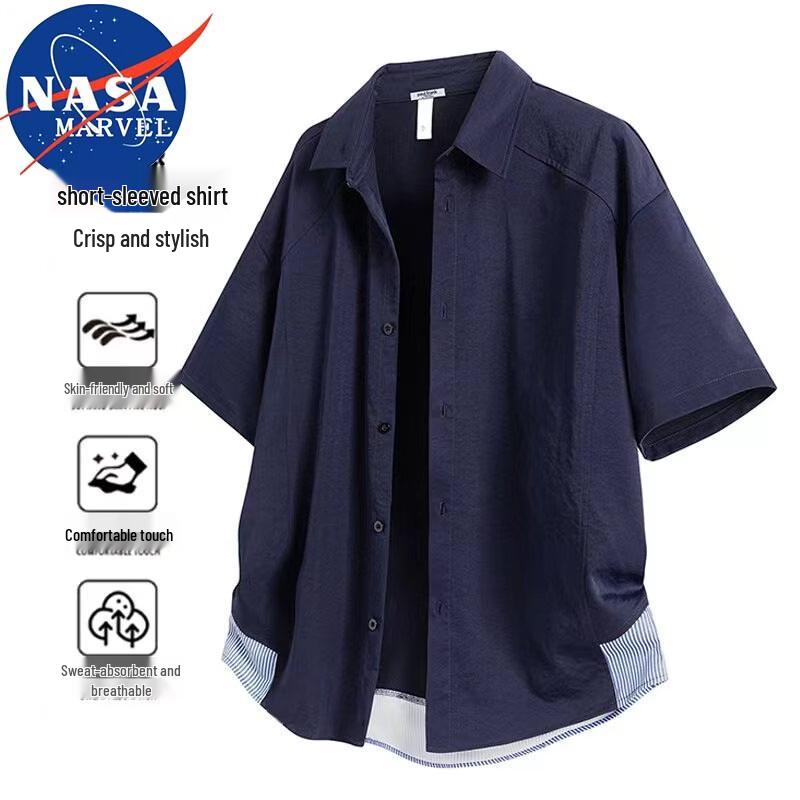 NASA MARVEL Men's Striped Short Sleeve Lapel Shirt