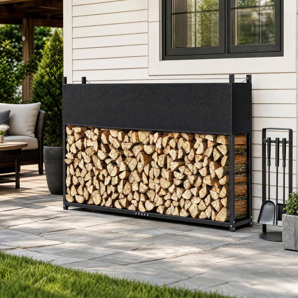 Firewood Rack 202 X 25 X 113 Cm Firewood Rack with 600D Oxford Cover Steel Frame Up To 500 Kg Black