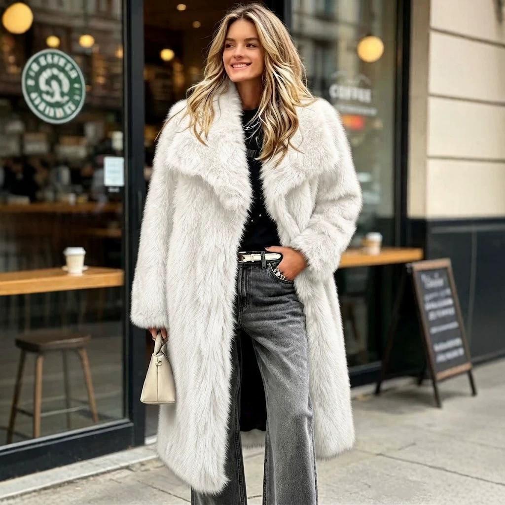 European and American Imitation Fur Large Lapel Collar Long Artificial Coat Long Fashion Imitation Fox Fur Coat Medium and Long C