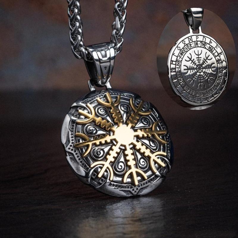 Vintage menns 316L Viking Rune Vegov Í Sir Compass Pendant Halskjede Viking Rune Compass Pendant menns amulett