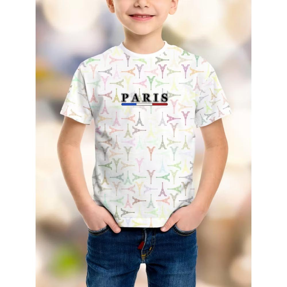T-shirt da ragazzo Semplice Stampa Lettere Parigi Estiva Manica Corta Magliette Ampie Moda Girocollo Righe Streetwear Abbigliamento Bambini