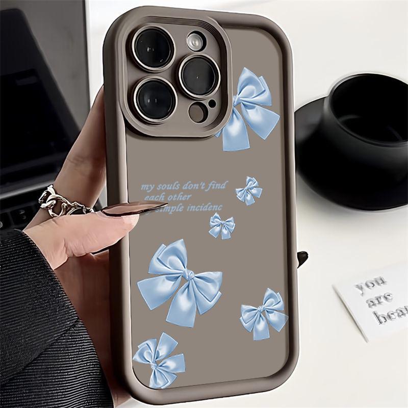 Husă Moale TPU cu Imprimeu Fundă Albastră Pentru iPhone 16 Pro Max 15 Pro 14 13 12 11 XR XS 8 7 Protecție Obiectiv Mată Rezistentă la Șocuri Husă Telefon