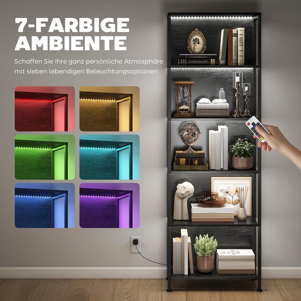 Bookshelf with 5 Levels, Standing Shelf with LED Lighting, 7 Light Colors, for Living Room, 60 x 30 x 179 cm Black