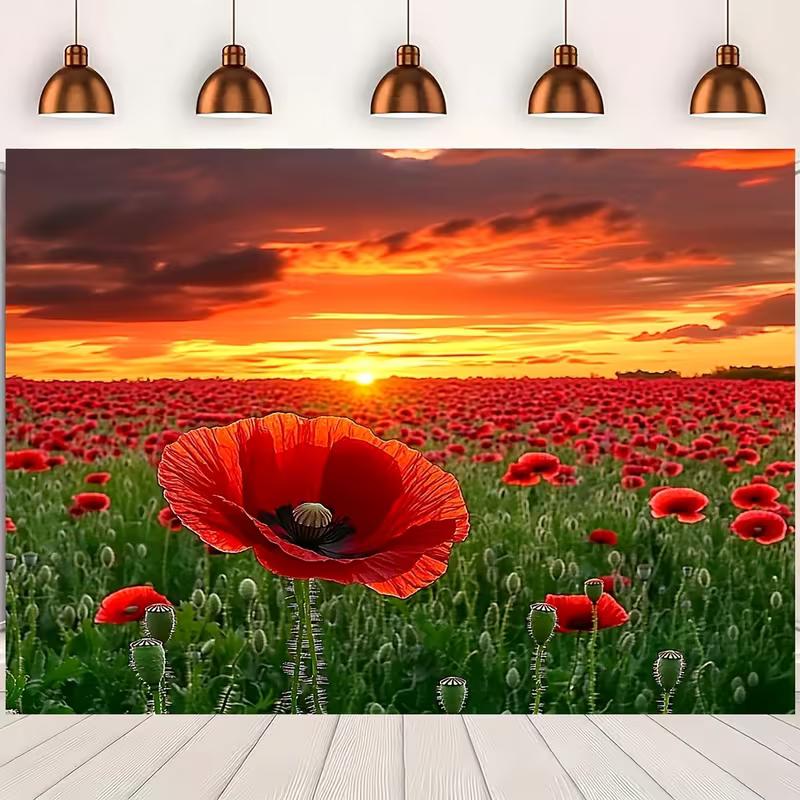 2D HD Red Poppy Flower Field Backdrop, Sunset Sky Floral Photo Background Cloth