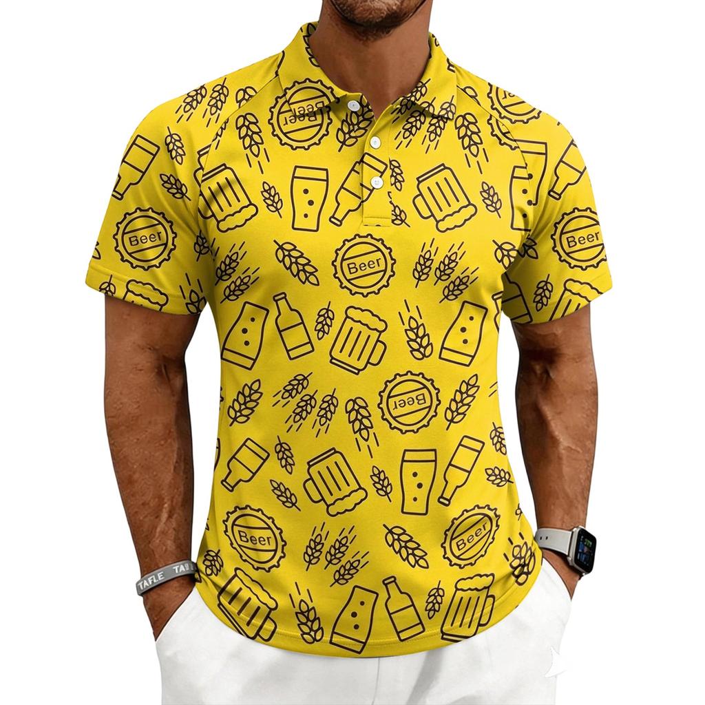 Men's Casual Polo Shirt Short Sleeve Button Down Collar Printed Pattern Lightweight Breathable Fabric Summer Top