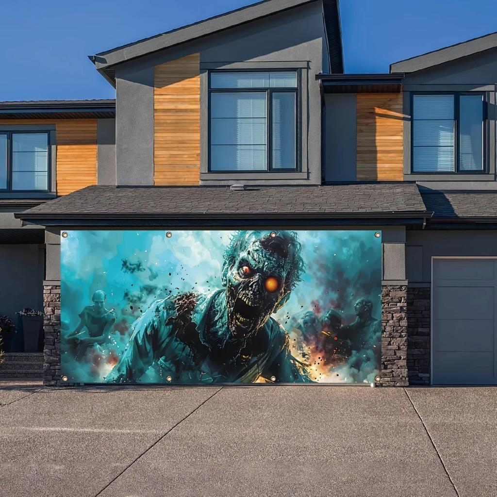 En stor utomhus bullrig zombiegrafik Halloween garageportbanner, festlig polyesterväggdekoration,zyc