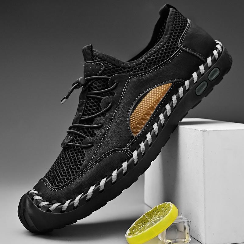 

Американские сетчатые туфли мужские кожаные летние дышащие полые уличные спортивные походные туфли 38 чёрный