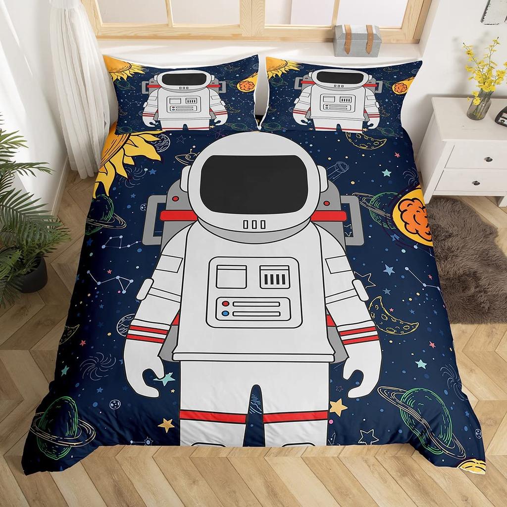 Child Cartoon Astronaut Duvet Cover Bedding Set King Size Boys Kids Galaxy Stars Out Space Soft Polyester Comforter Cover Black