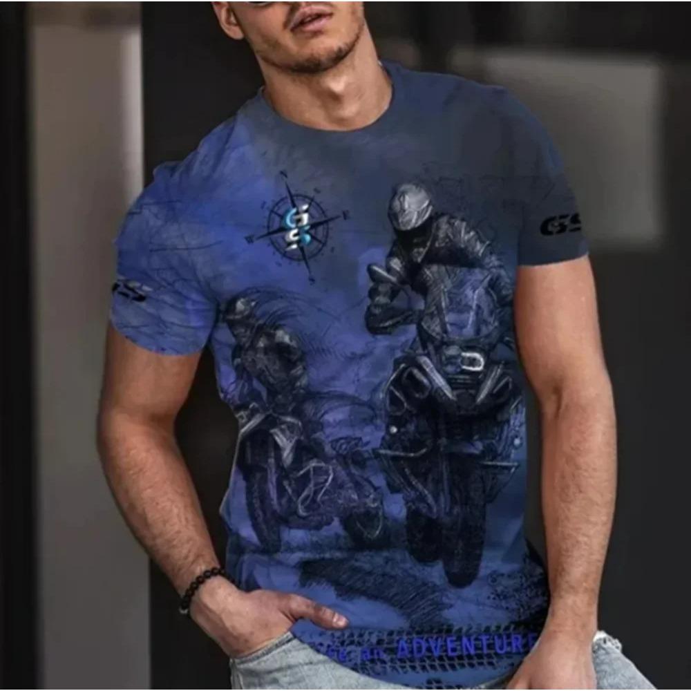 Summer Round Neck 3D Motorcycle Print Top Fashionable Casual Short Sleeved Men's T-shirts