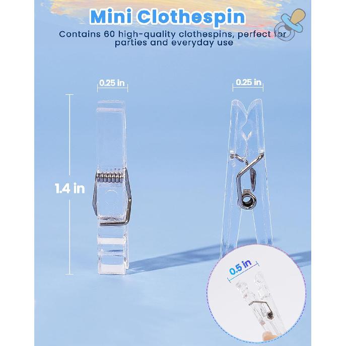 60PCS Clear Clothes P for Baby Shower Games Boy Girl, Transparent Acrylic Clothes Pin Bulk, 1.4'' Mini Clothesp for Photos, DIY Crafts, Baby Shower