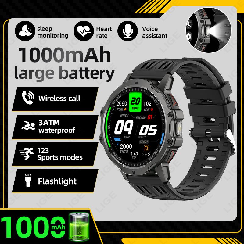 

1000mAh Large Capacity Battery Smartwatch Men Outdoor Flashlight Bluetooth Call 3ATM Waterproof Sport Fitness Watches New 1000mAh Big Battery чорний