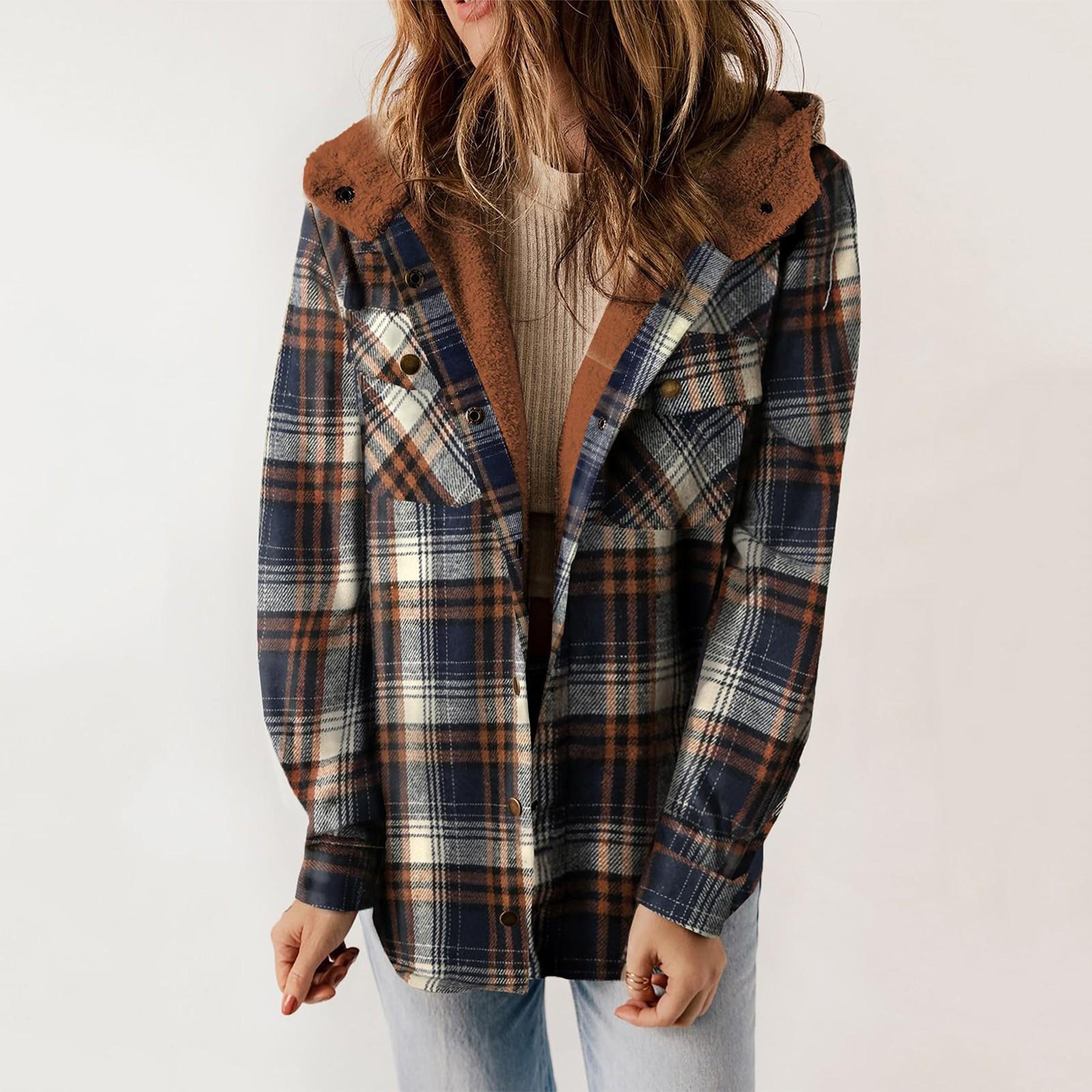 

Women Hooded Coats Plaid Fleece Lined Plush Jackets Spliced Button Pocket Long Sleeves Casual Coats S