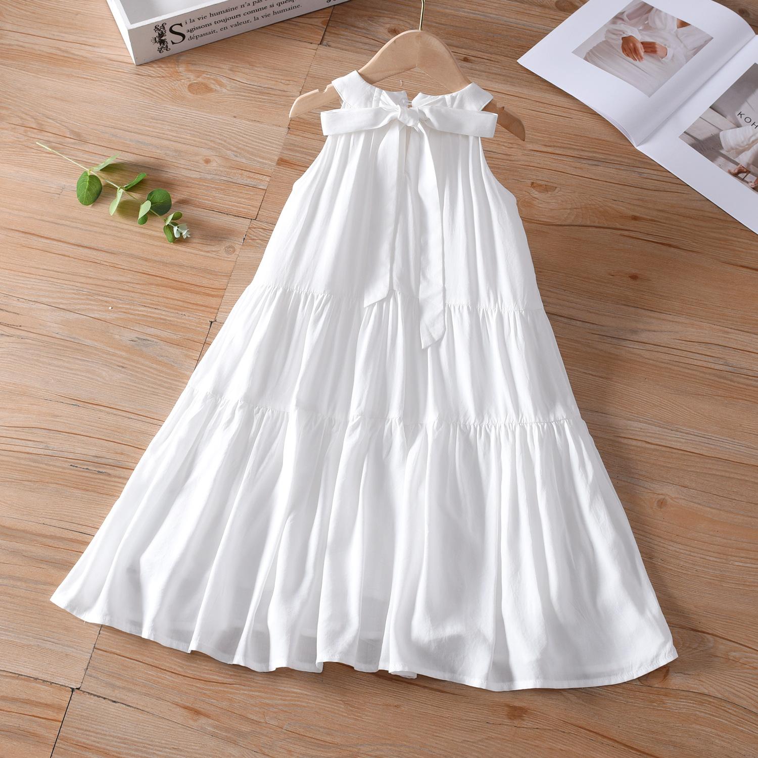 

Summer Sleeveless Layered Dress Girls Korean Ruffled Patchwork Loose Solid Color Skirt 110 білий