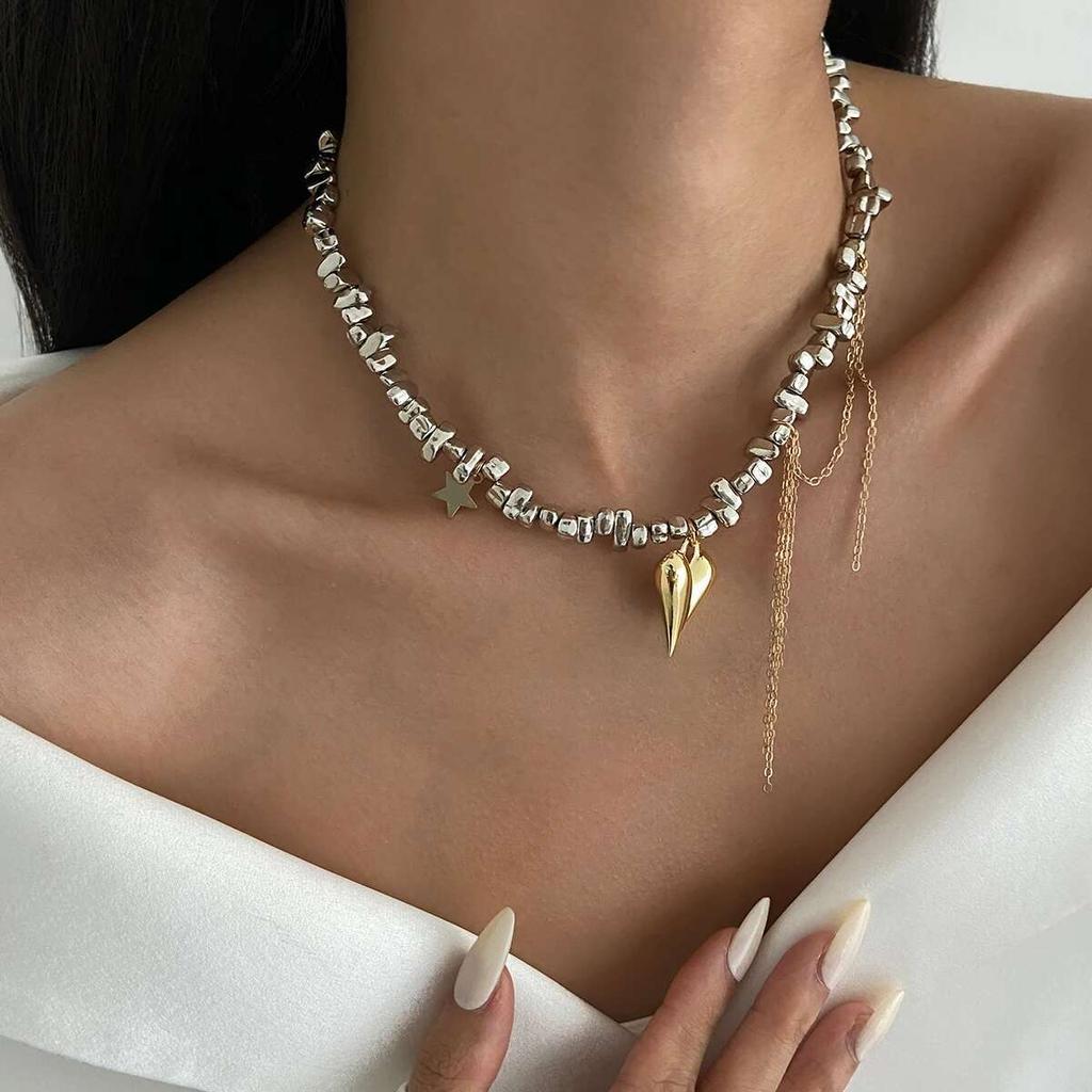 PuRui Fashion copper Color Irregular CCB Beads Heart Pendant Necklace Women Elegant Noble Qi Alloy Clavicle Chain Party Zircon