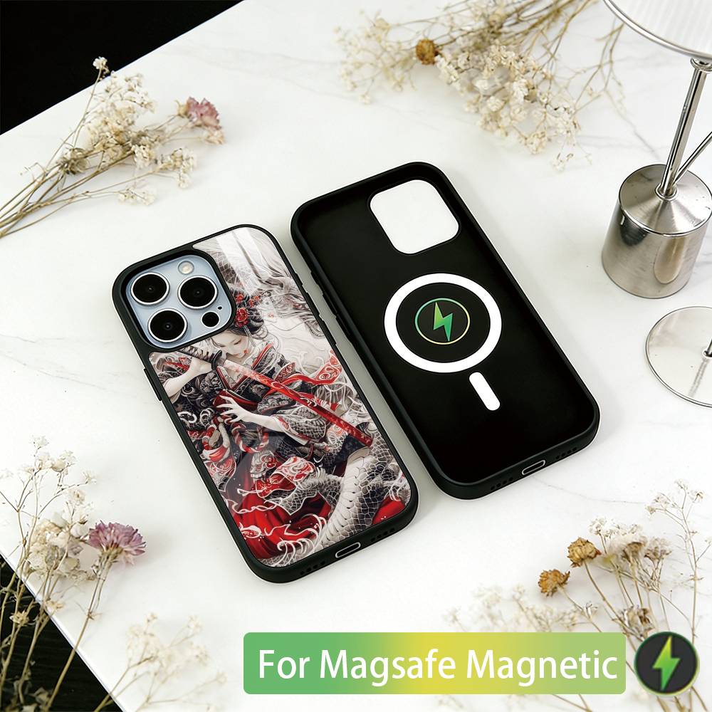 

Samurai Warrior Geisha Phone Case For iPhone17,16,15,14,13,12,11 Plus,Pro Magnetic with Magsafe Wireless Charging iPhone14ProMax