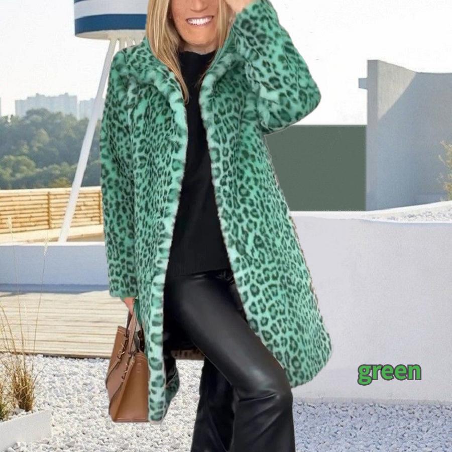 

Зимові Новинки Жіночий Верхній Одяг для Etsy/Shopify - Пальто з Леопардовим Принтом зі Штучного Хутра та Вовни 2XL зелений