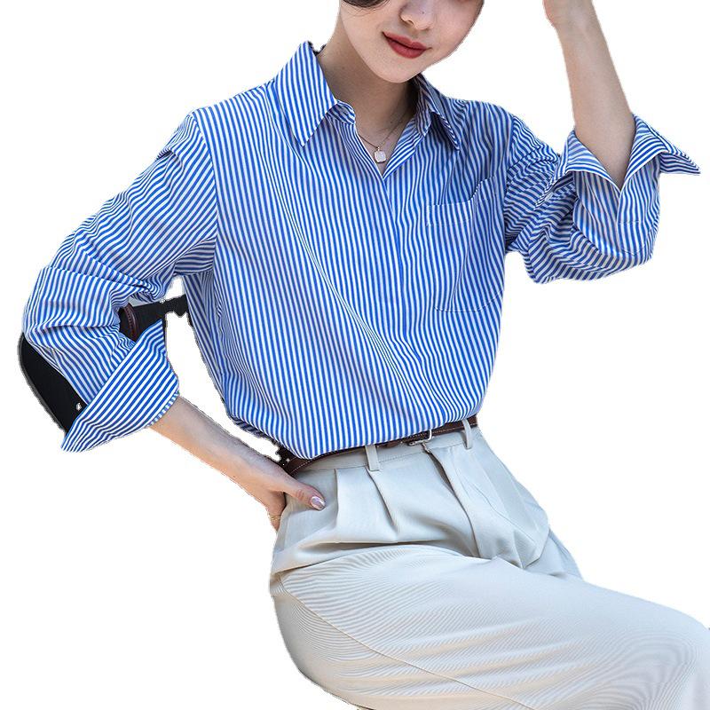 Spring 2025 Women's Casual Blue-Striped Long-Sleeve Shirt