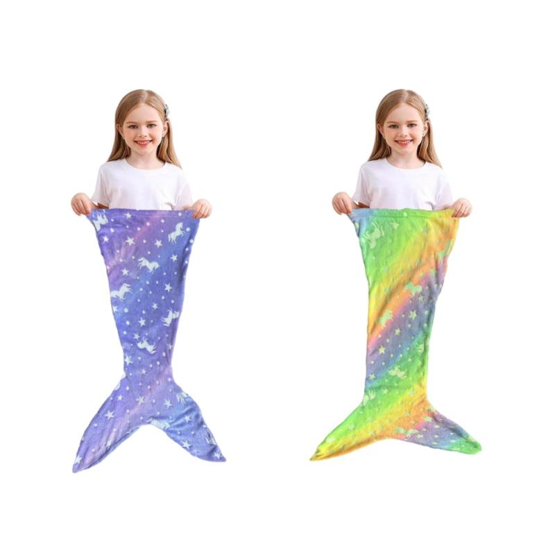 2026 New Night Glow Cartoon Rainbow Unicorn Mermaid Tail Blanket Flannel Wearable Super Soft Glow Gifts for Girls All Seasons