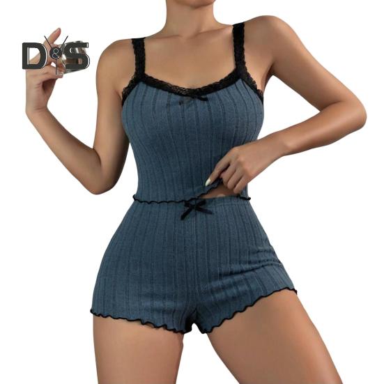 

2 шт./комплект, женская летняя пижама, костюм с присборенным краем, без рукавов, с открытой спиной, укороченный топ с кружевным бантом, высокая талия, мини-шорты, повседневная ночная рубашка, облегающая одежда для сна XXL темно-синий