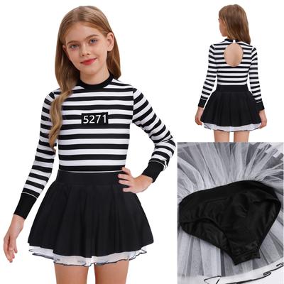 Kostým vězeňkyně pro dívku Pruhované nadýchané šaty Kulatý výstřih Vykrojená záda Dlouhý rukáv Volánová sukně Tylová tutu Cosplay outfit