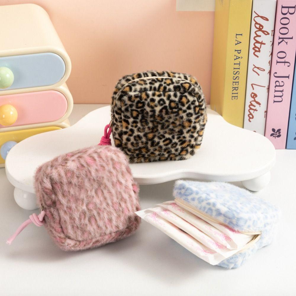 Portable Cosmetic Bag Leopard Print Square Sanitary Pad Bag Zipper Design Small Makeup Bag Girls