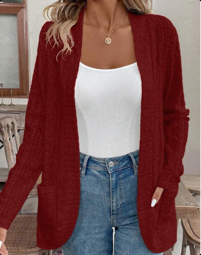 

2025 Autumn European & American Women s Solid Color Jacquard Hollow-out Patchwork Long Sleeve Cardigan Small вина червоного кольору