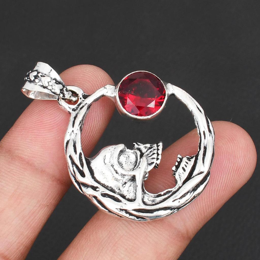 925 Sterling Silver Skull Crescent Moon Pendant Necklace with Garnet Stone for Men & Women Punk Rock Biker Jewelry Gift