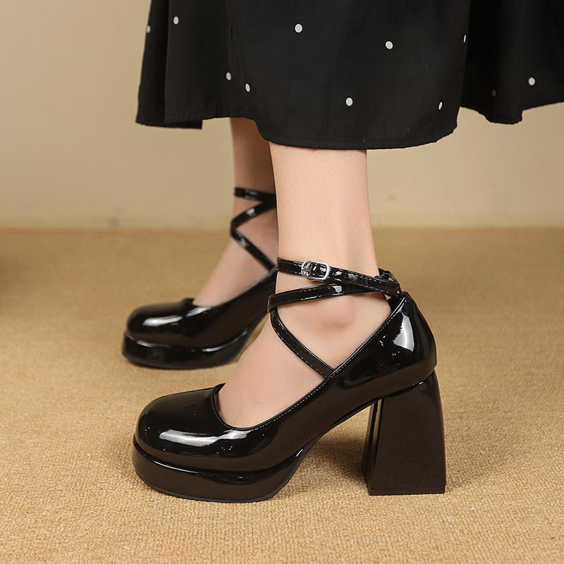 Women's Black Footwear on Heeled Shoes Woman New Elegant Vintage Lolita Mary Jane Shoes Black Round Toe High Heels Party Shoes