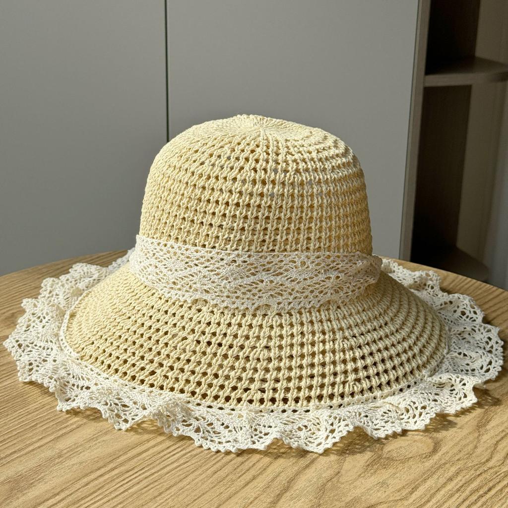 Pălărie de paie goală cu panglică din dantelă pentru femei, de primăvară-vară, pentru călătorii, protecție solară, pălărie de plajă, umbrar de soare pentru litoral, pălărie de soare