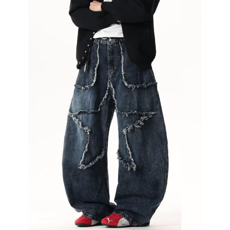 Unisex Retro Star Design Frayed Edge Wide Leg Jeans