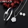 Fine 925 Silver Charm Flower Necklace Earring Bangle Jewelry for Women Retro Set Wedding Gift TRENDY Lovely