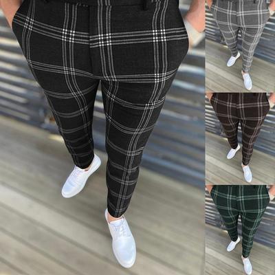 Men's Fashion Printing Square Block Social Pants Casual Slim Fit Business Elastic Long Trousers Male Cotton Party Button Streetwear