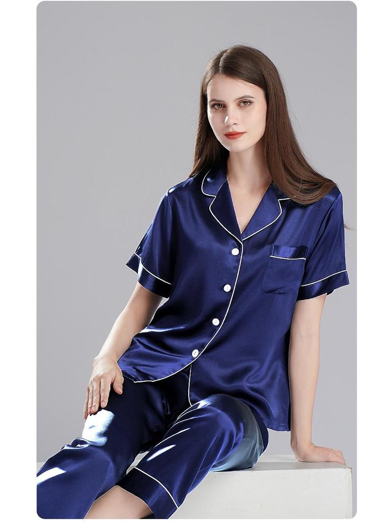 Girls' Imitation Silk Pajama Set - Short Sleeve Top & Long Pants, Lapel Design, Spring/Summer Homewear
