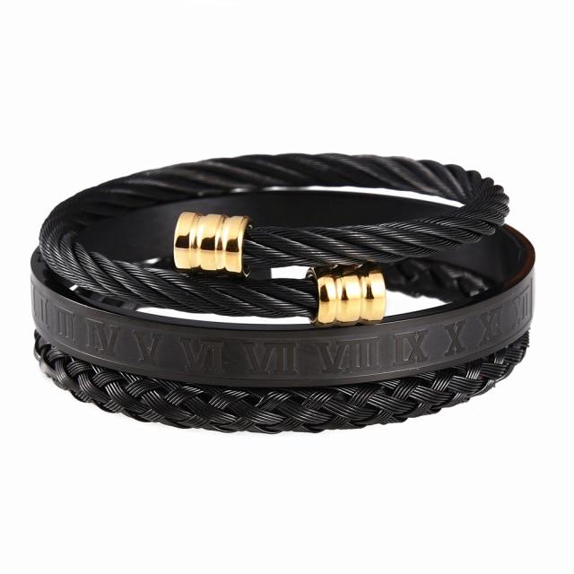Luxury 3pcs /Set Stainless Steel Bracelet Hip Hop Men Jewelry Roman Number Charm Gold Color Jewelry For Men Pulseira Bileklik