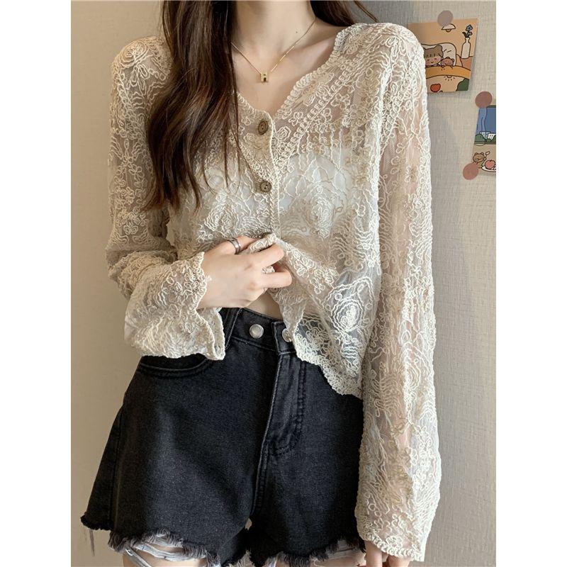K-style Spring/Summer New Arrival V-neck Single Breasted White See-through Super Fairy Sun Protection Clothing Thin Blouse Lace Shirt Shawl for Women