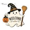 Seasonal Home Accents Halloween Wooden Ghost Welcome Sign for Front Door, Rustic Cartoon Hanging Trick or Treat Plaque with Pumpkin Wizard Hat