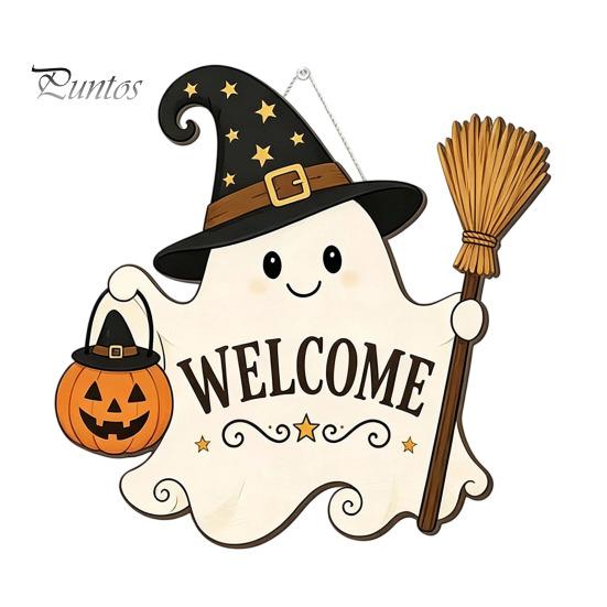 Seasonal Home Accents Halloween Wooden Ghost Welcome Sign for Front Door, Rustic Cartoon Hanging Trick or Treat Plaque with Pumpkin Wizard Hat