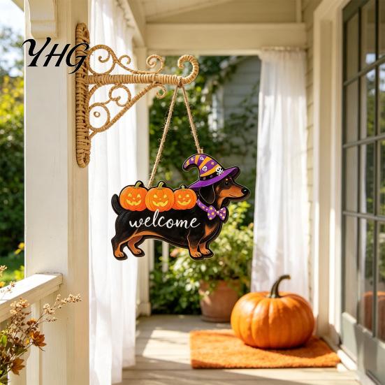Pumpkin Theme Ornaments Halloween Ghost Welcome Door Hanger, Cute Wooden Sign with Witch Hat & Hanger Elements, Fall Indoor Outdoor Wall Decor
