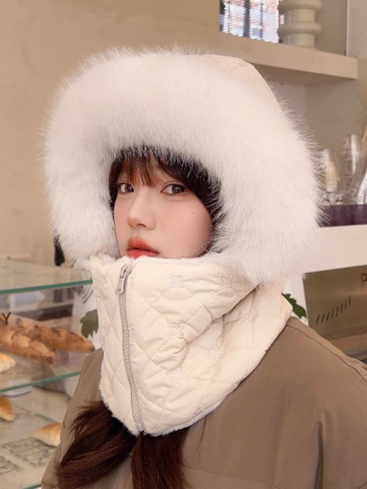 

Зимняя плюшевая сумка-голова шляпа женская милая большая пушистая теплая пуховая хлопковая шляпа зимняя шапка-ушанка M（56-58cm）