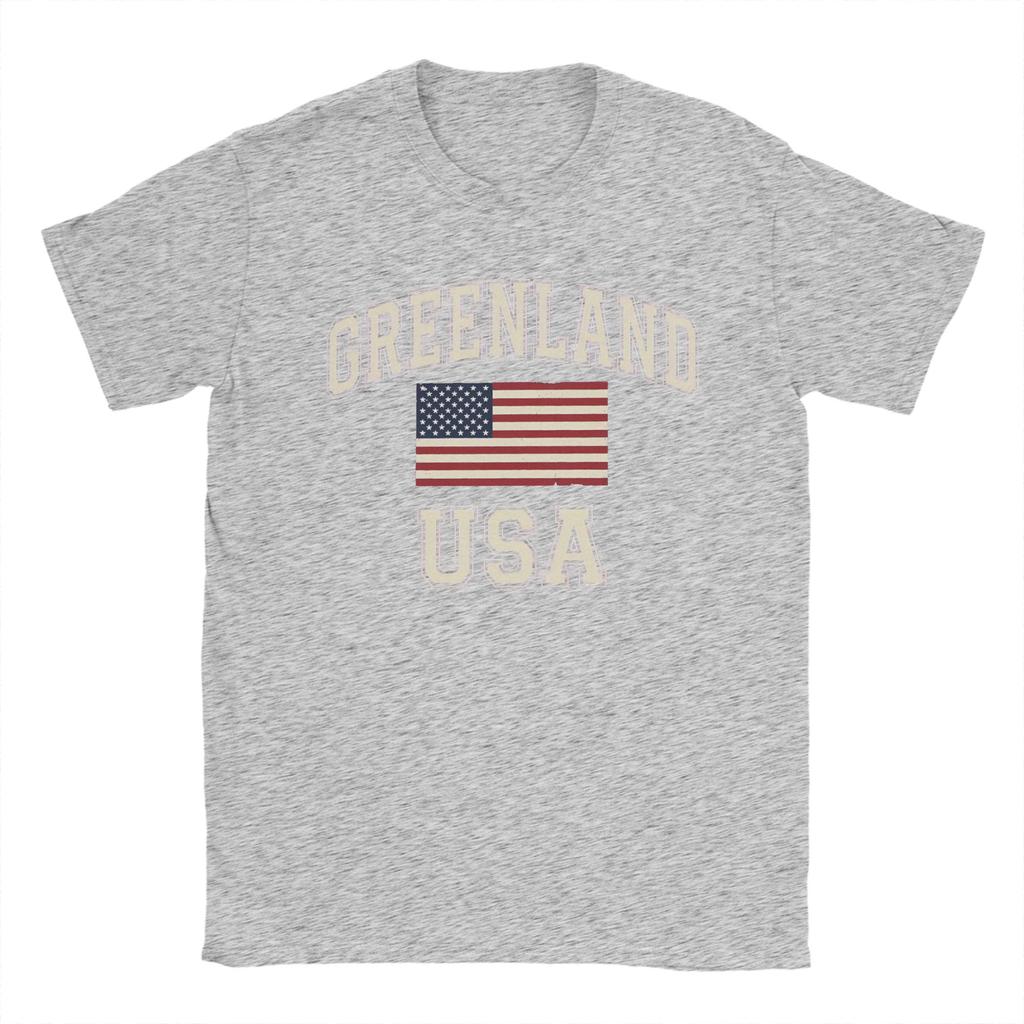 Greenland Vintage USA Flag TShirts Men  Vintage 100 Cotton Tees Round Collar Short Sleeve T Shirt Classic Tops