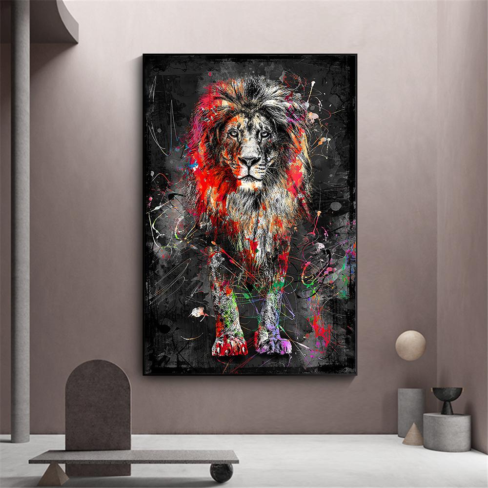Buntes Löwen-Ölgemälde auf Leinwand, Druckgrafik, abstrakte Tierwandkunst, Poster und Druckgrafik