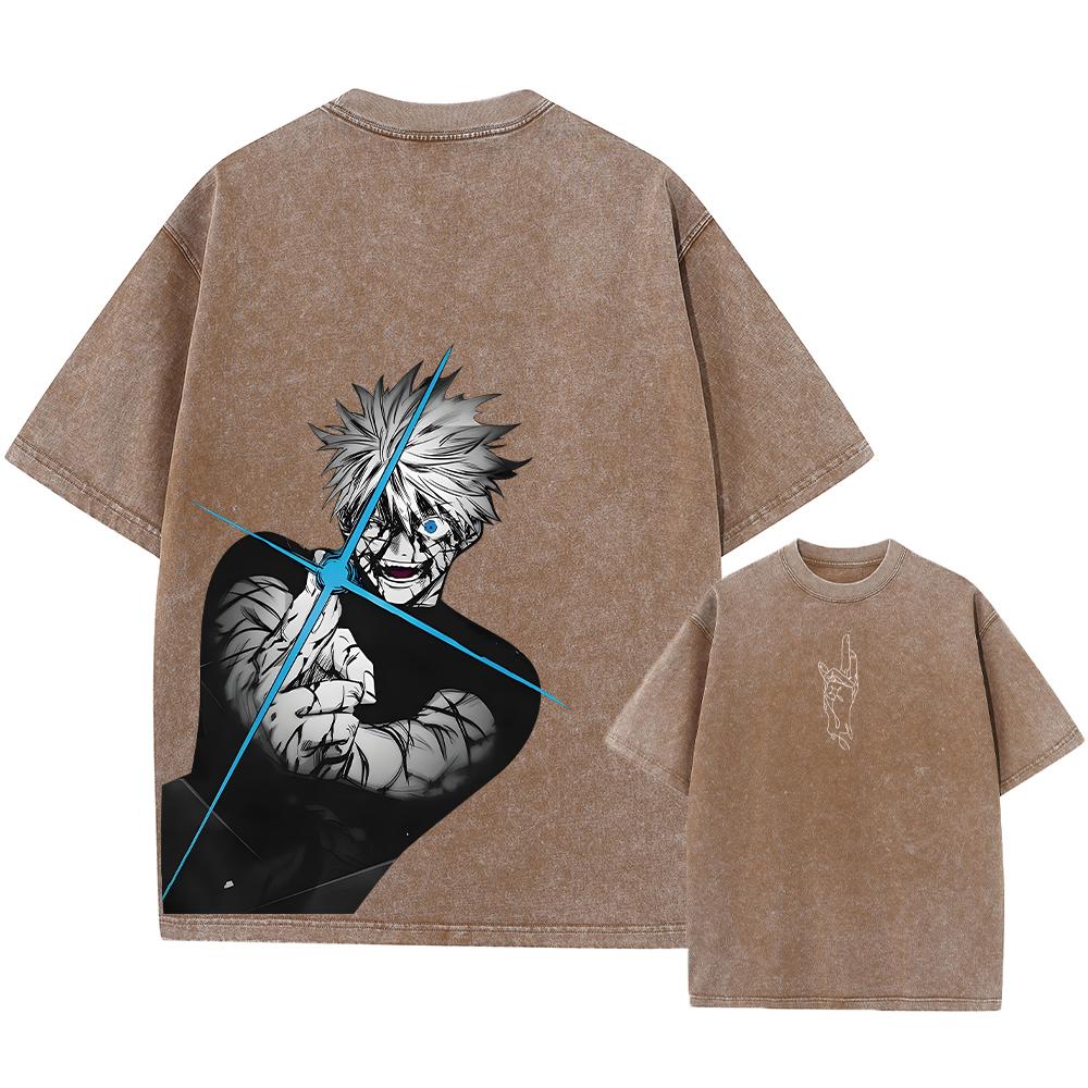 Men Streetwear Washed Acid Oversized T Shirt Japanese Anime Retro Worn Graphic Print T-Shirt Cotton Short Sleeve Tees
