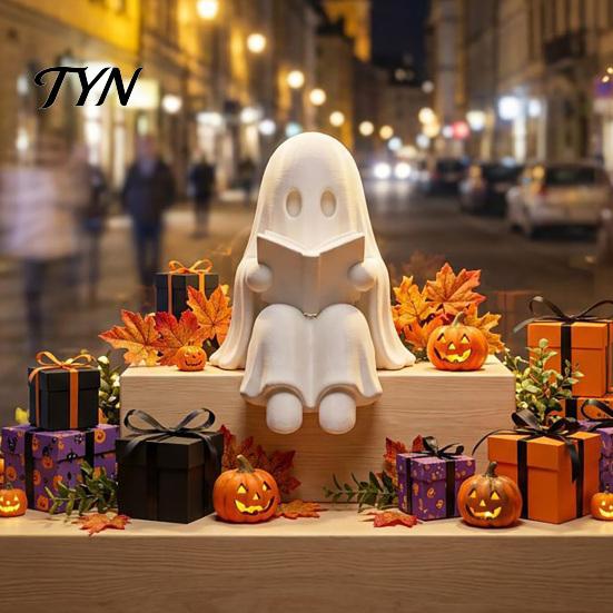 Small Ghost Statue for Edge Reading Book Halloween Decoration, 3D Printed Shelf Sitter Statue, Miniature Cute Spooky Sitting Figurine Bookshelf,
