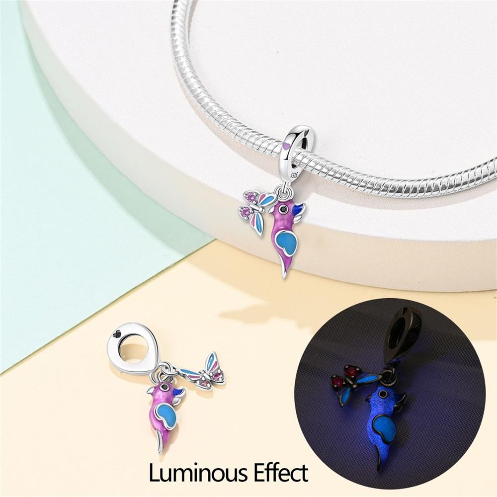 Original Copper Charms Luxury Purple Glowing Butterfly Bird Pendant Beads Fit Bracelet Diy Women Delicate Gift