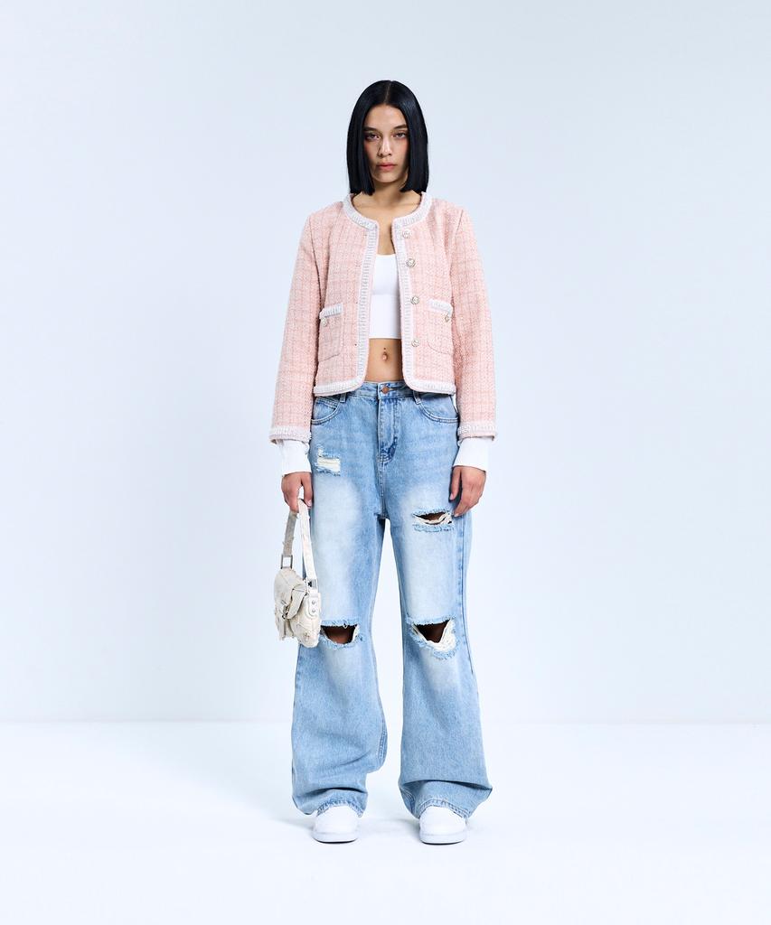 Vivabrown 85-Vivaj050 Line Point Crop Tweed Jacket Pink